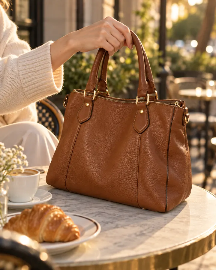 Bolsa de couro numa mesa de café ao ar livre